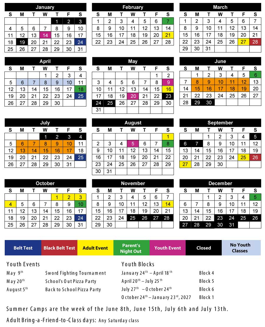 Black Knight 2026 calendar with belt tests, parents night out, camps, and youth blocks